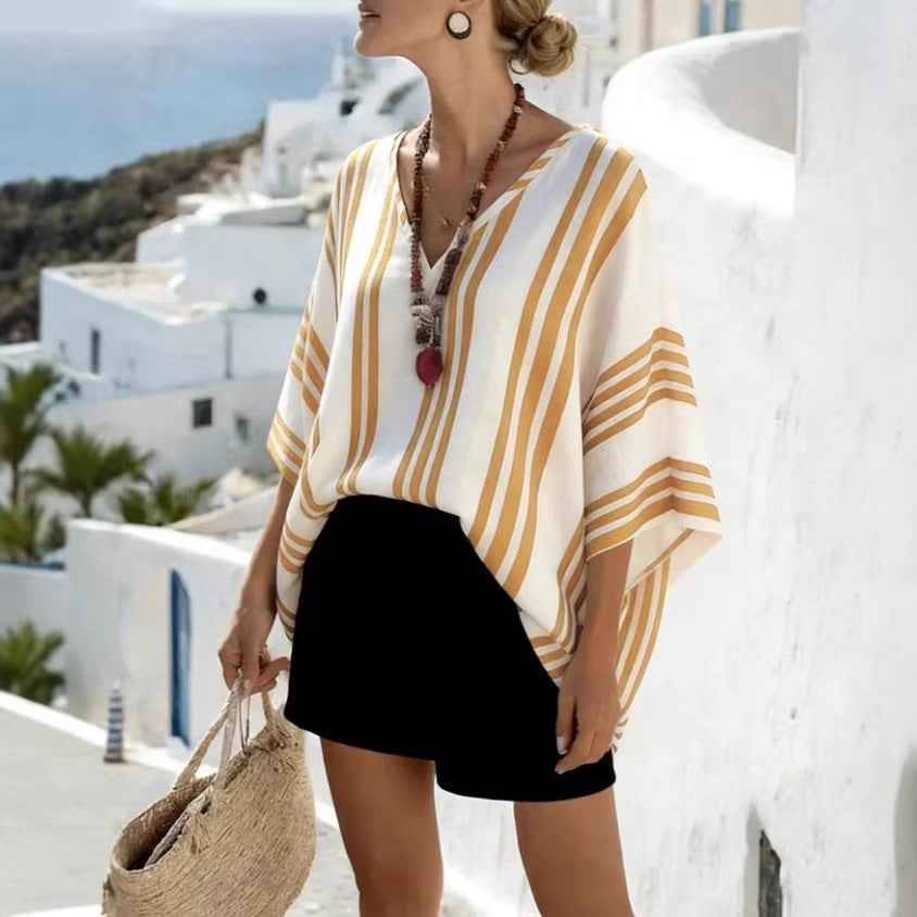 Striped Batwing-Sleeve Loose-Fit Top