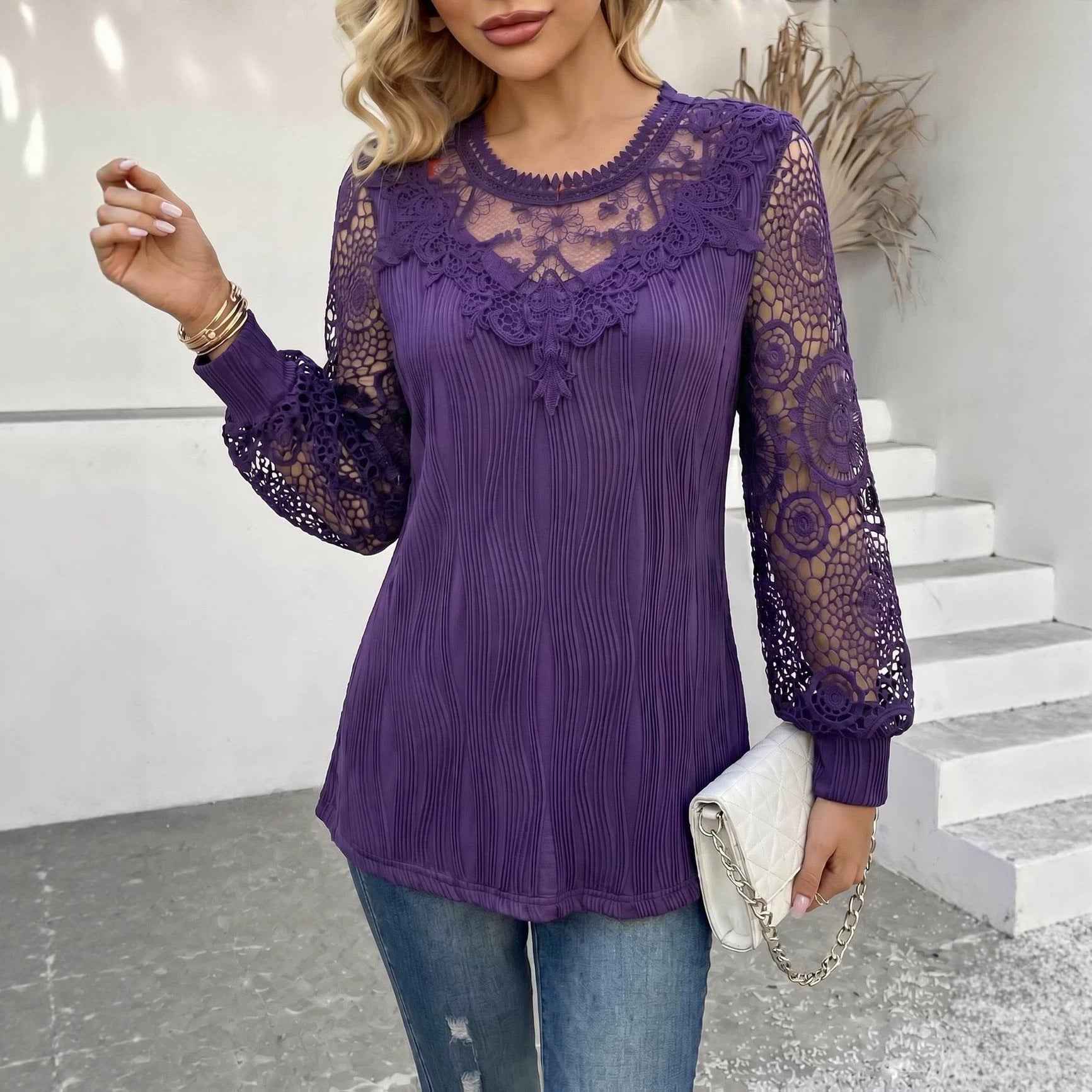 Lace-trimmed Wave-patterned Panel-seam Womens Long-sleeve Blouse