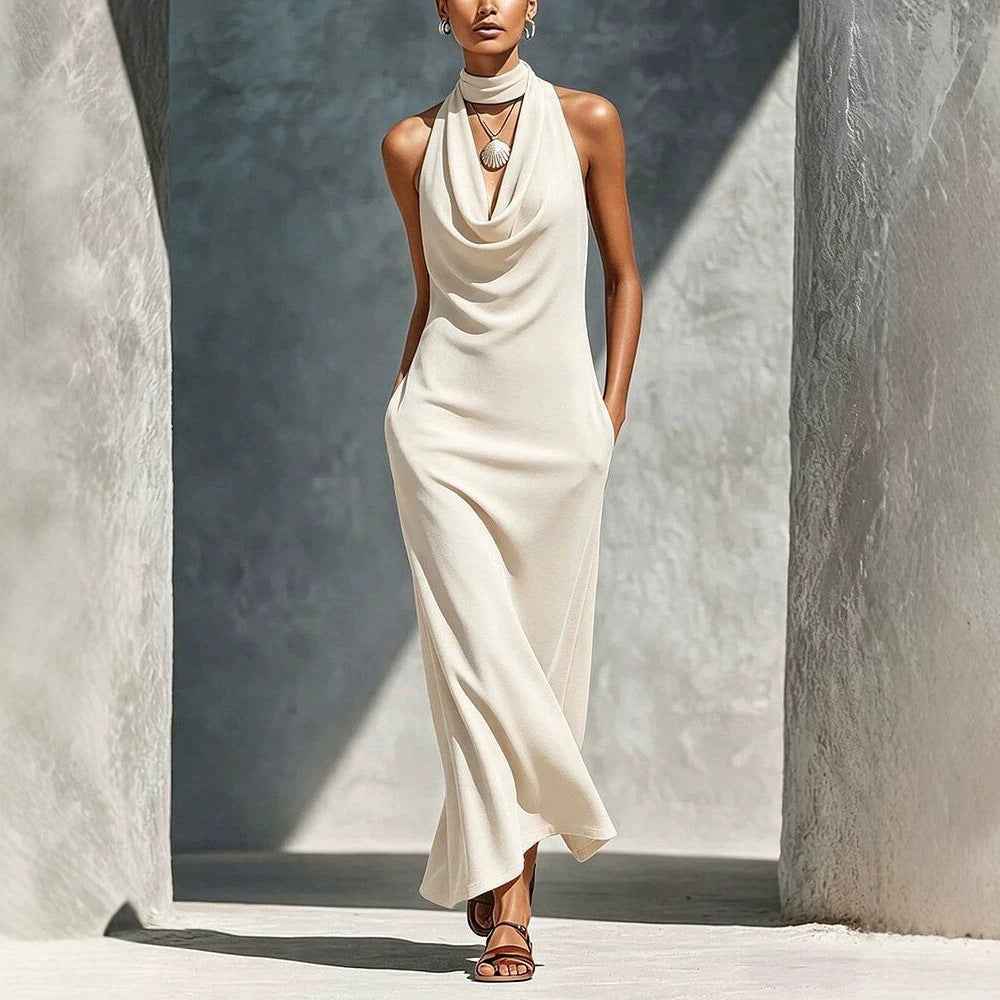 Sleeveless High-Waist Slim-Fit Halter Maxi Dress with Pockets