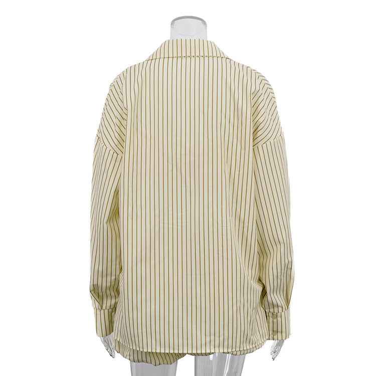Striped 3-Piece Set – Oversized Shirt, Crop Tube Top & Elastic Shorts