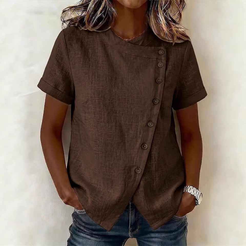 Cross-Neckline Asymmetrical Short-Sleeve Top – Loose Casual Fit