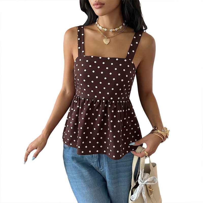 French-style Vintage Wave-patterned Square-neck Ruffled-strap Womens Camisole