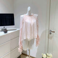 Womens Rayon Long-Sleeve Top With Lace Ruffle Trim