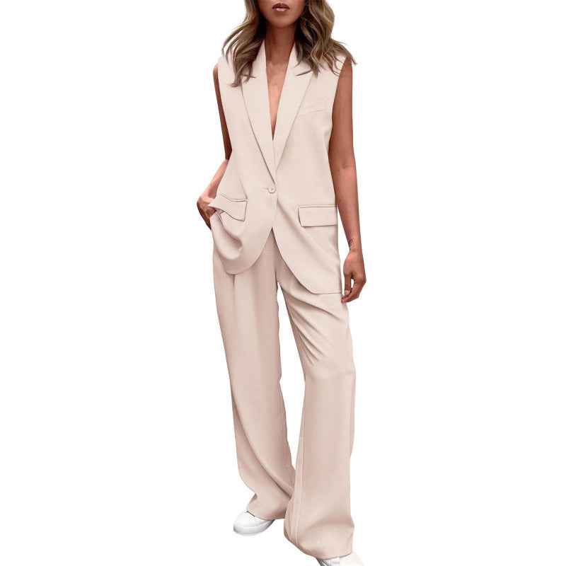 Elegant Sleeveless Button-up Blazer And Relaxed-fit Trousers Set For Women