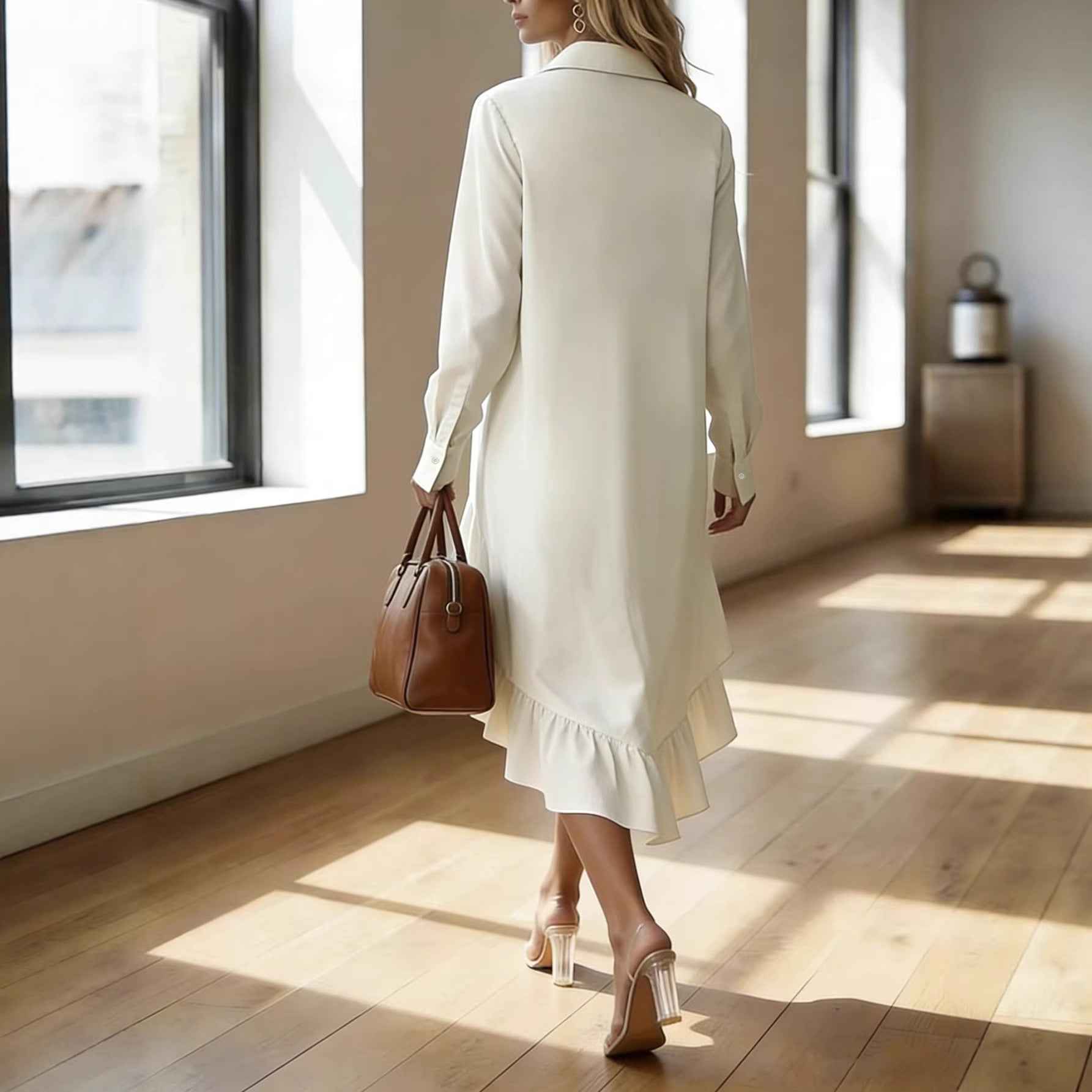 Loose-fitting Lapel-collar Long-sleeve Button-up Shirt Dress