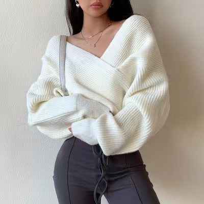 V-neck Solid-color Off-shoulder Knit Pullover For Women
