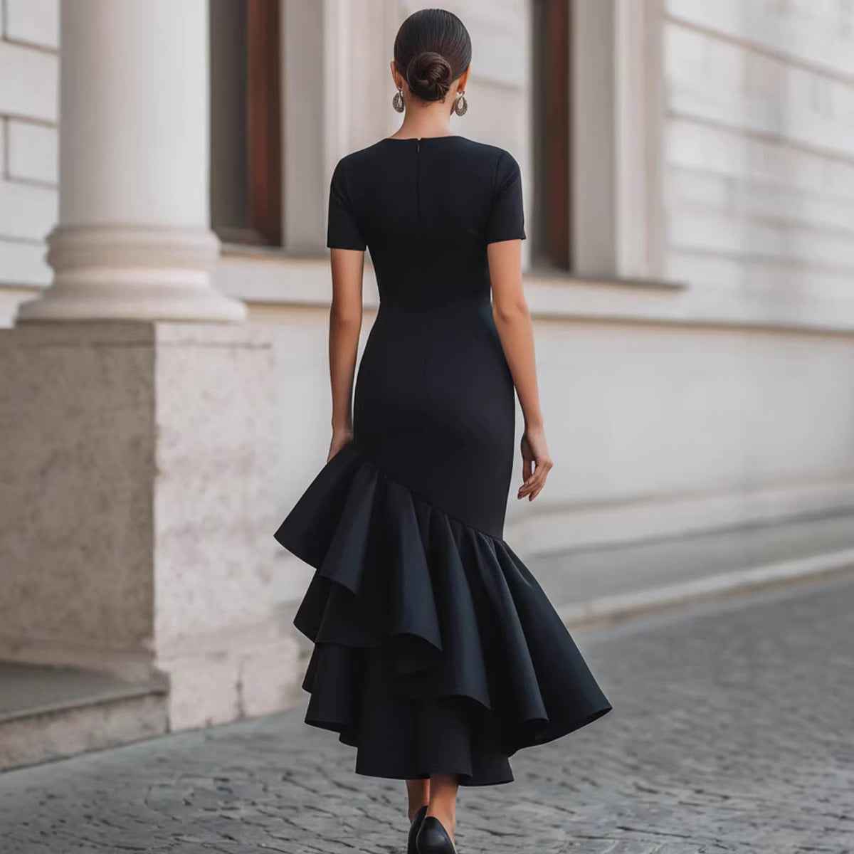 Short-Sleeve Mid-Waist Slim-Fit Knit Sheath Midi Dress