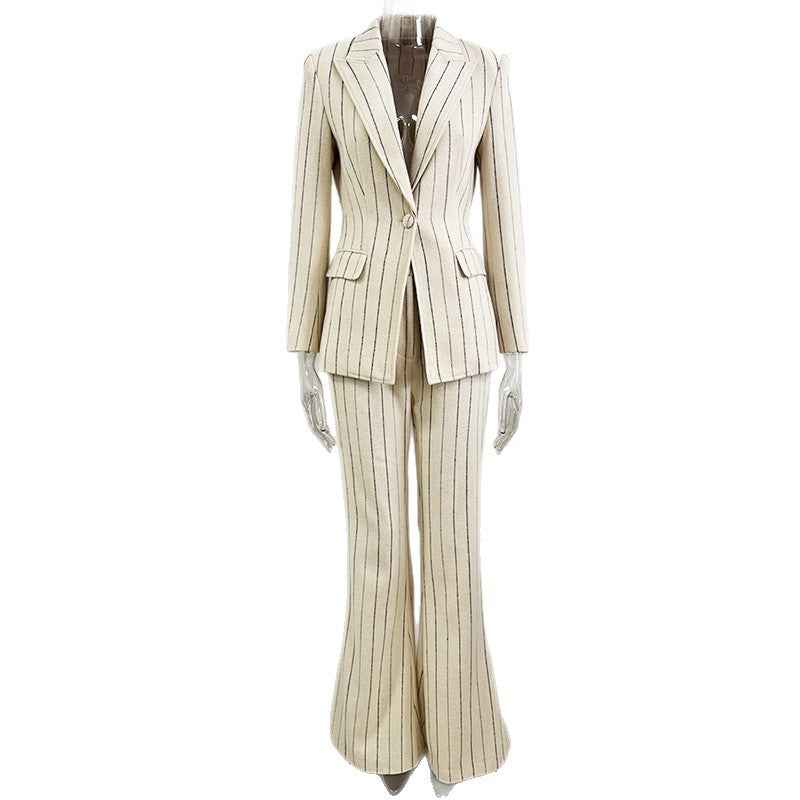 Pinstripe Brushed Suit Jacket & Pants Set — Street-Chic Two-Piece
