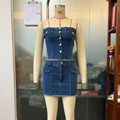 Sexy Chic High-waist Bodycon Skirt And Tube-top Midriff-baring Denim Set