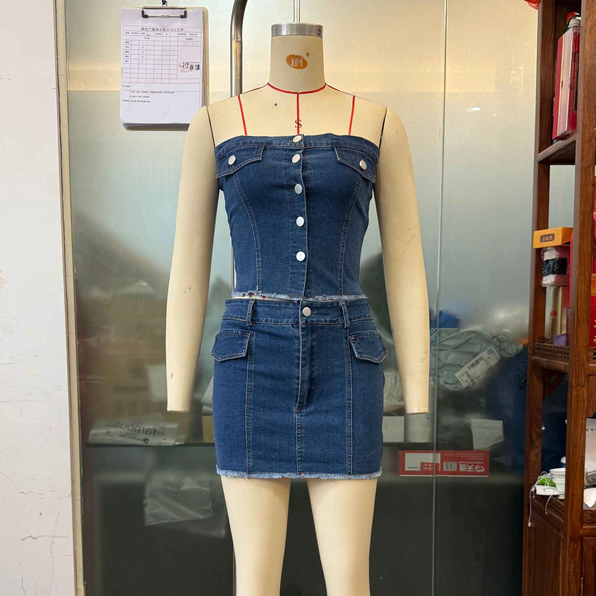 Sexy Chic High-waist Bodycon Skirt And Tube-top Midriff-baring Denim Set