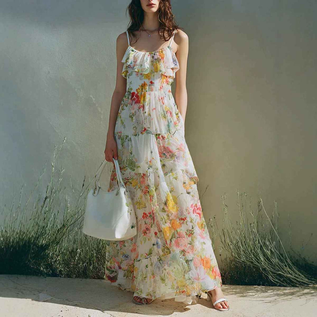 Summer Dress With A Long Bow Floral Print And Layered Chiffon