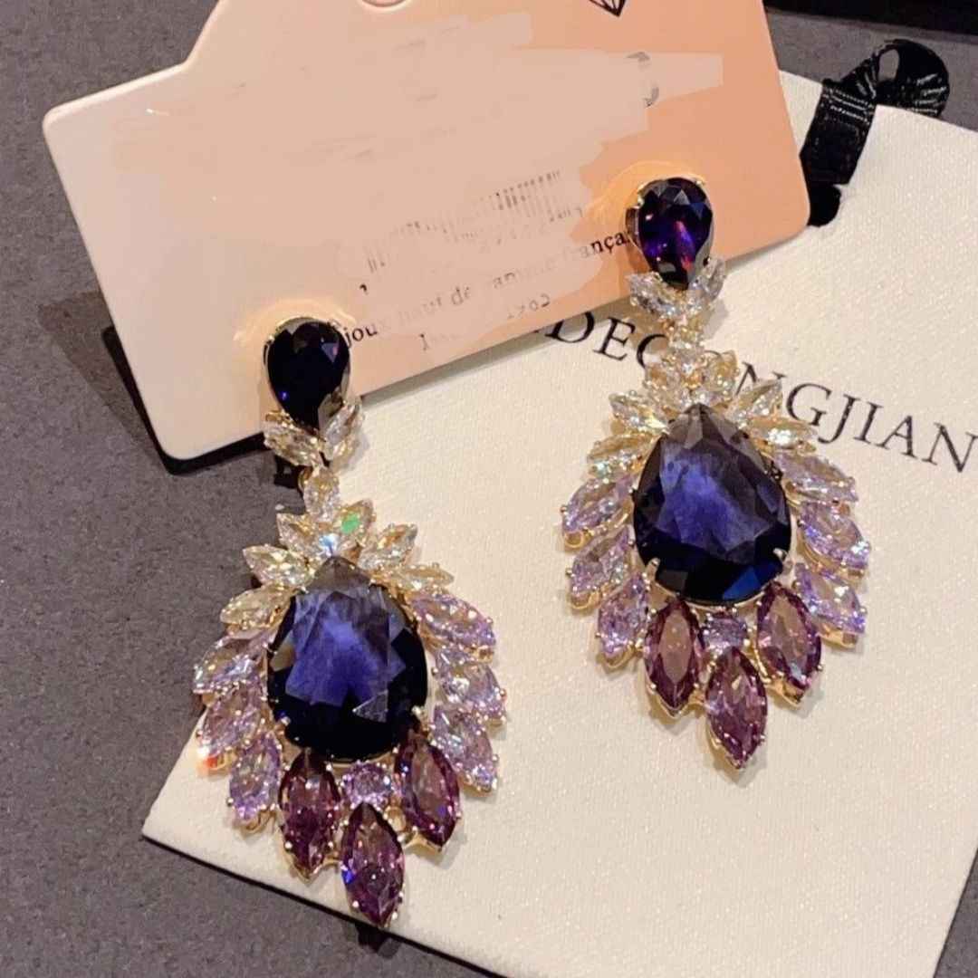 European American Fashion Gradient Purple Teardrop Zircon Earrings, Super Sparkling Dangle Drop Earrings For Runway & Formal Evening Dress