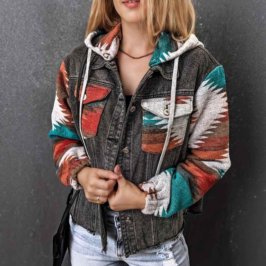 Women's Hooded Denim Patchwork Coat – Contrast Colour | Black & Blue