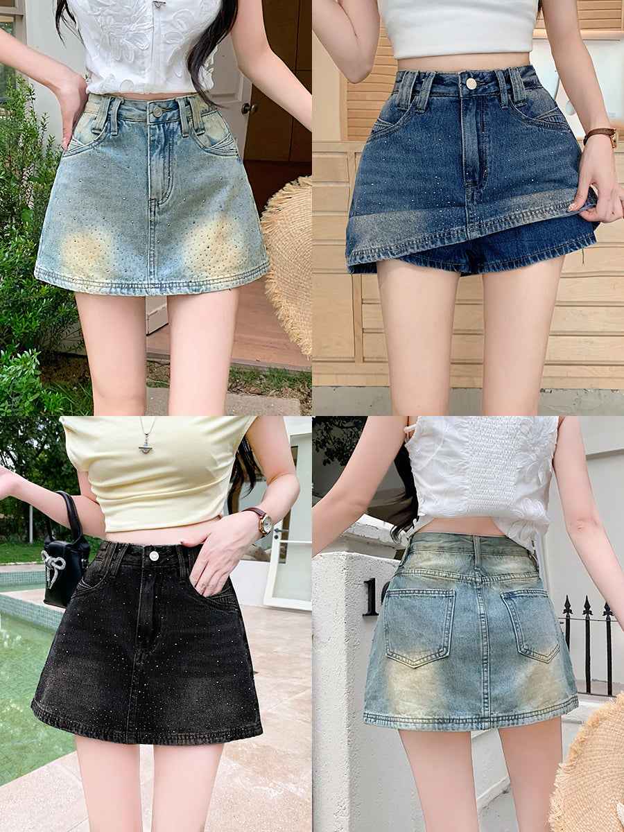 High-Waisted Rhinestone Denim Skort – Sparkly A-Line Mini with Built-in Shorts