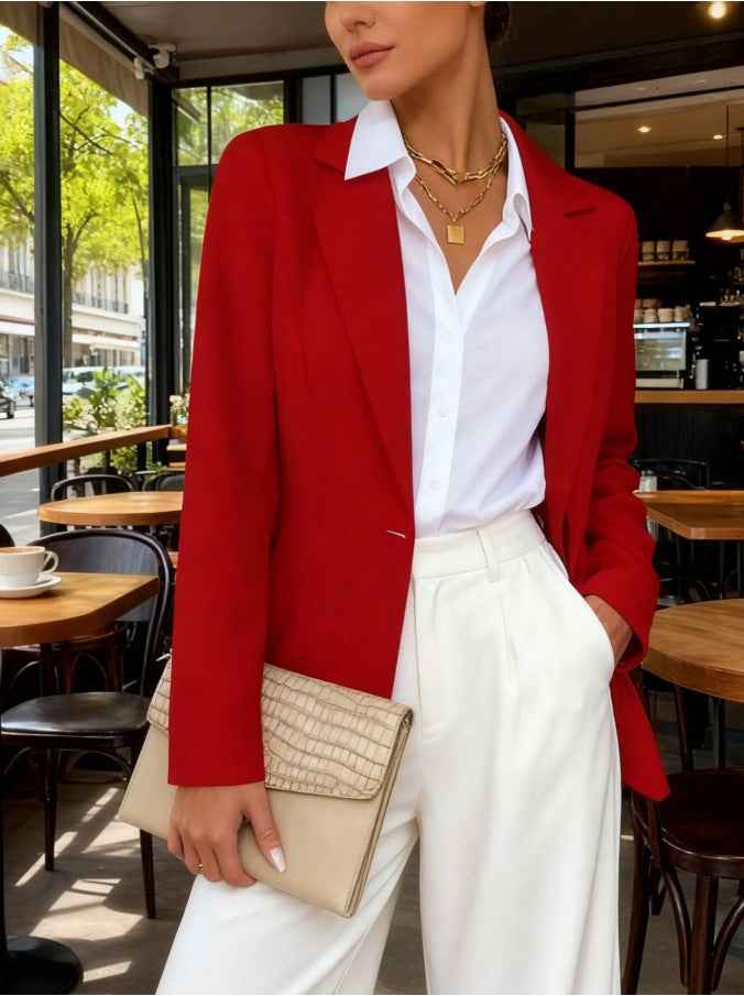 Waist-Cinched Lapel Collar Long-Sleeve Blazer