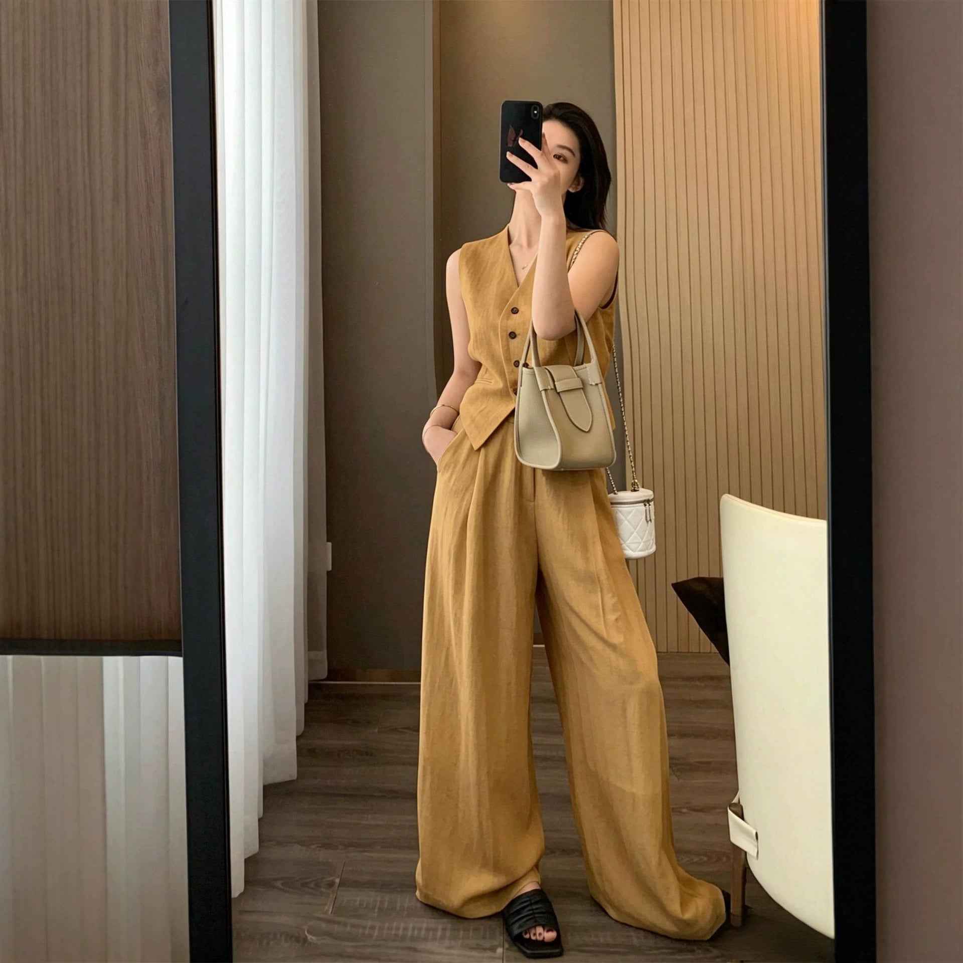 Linen Tencel Vest And Wide-leg Long Pants Two Pieces Set