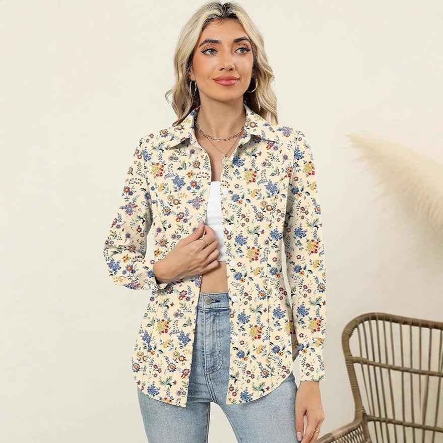 Embossed Print Notched-Collar Long-Sleeve Blouse