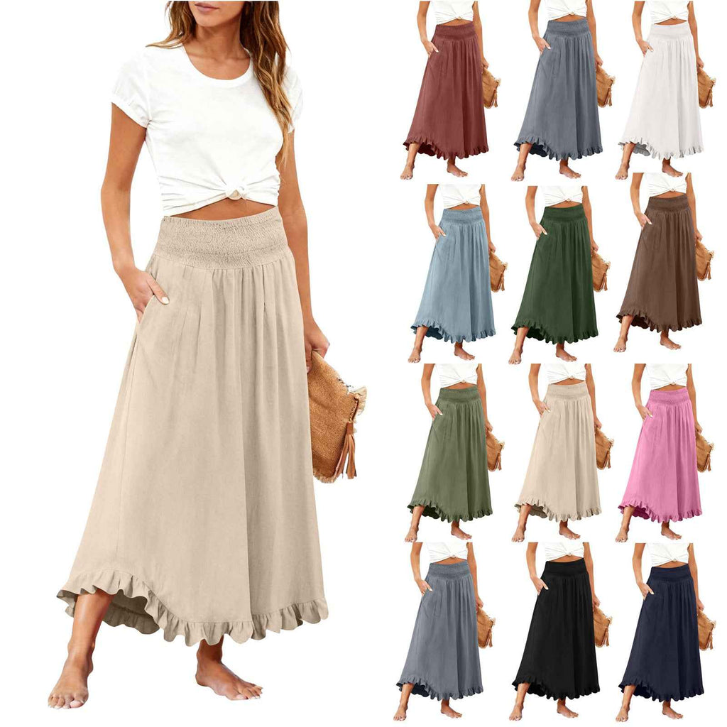 Women's High-Waist Ruffle Hem Midi Skirt – Cotton Linen