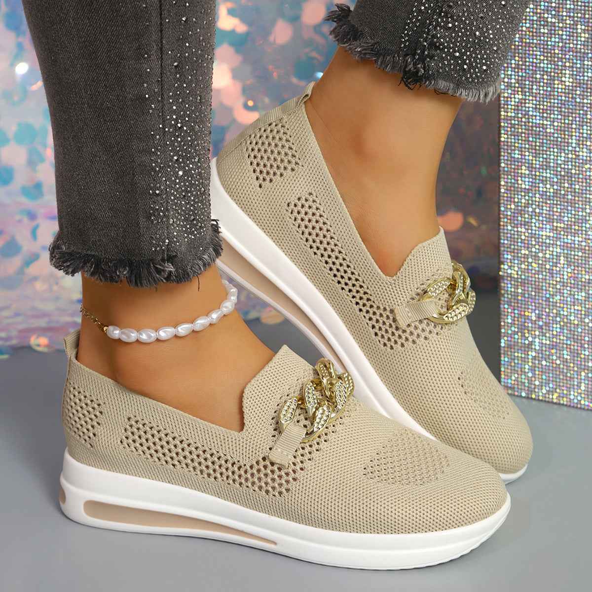 Flyknit Wedge Sneakers — Metal Chain Detail, 5 Colours