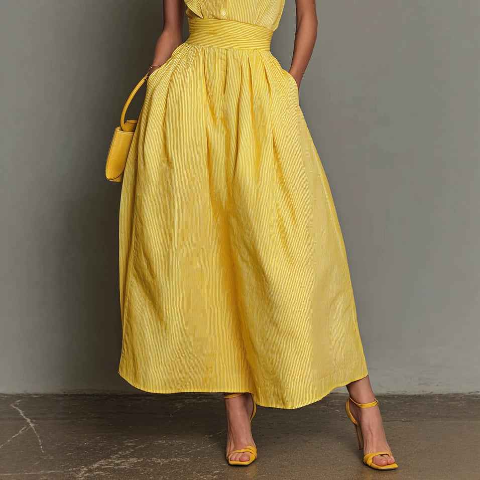 Yellow-striped V-neck, Waist-cinched, Sleeveless Dress That The
