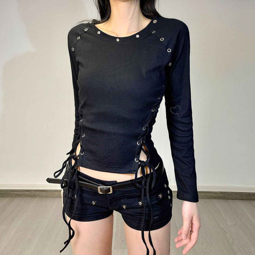 Black Ribbed Lace-Up Drawstring Top