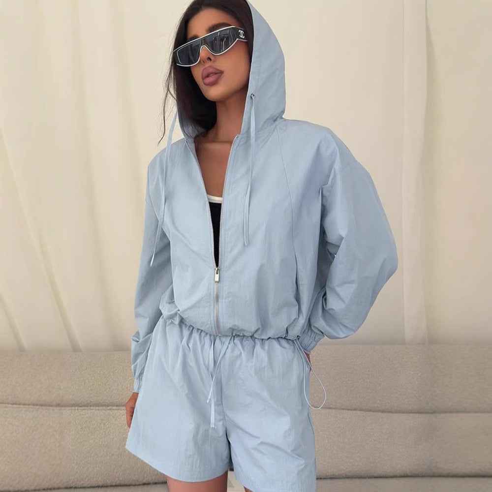 Womens Long-sleeve Zip-up Cardigan And Shorts Set