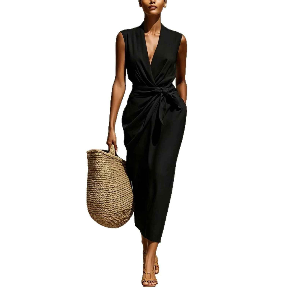 Sleeveless Adjustable-Waist Pleated Linen Slim-Fit Midi Dress