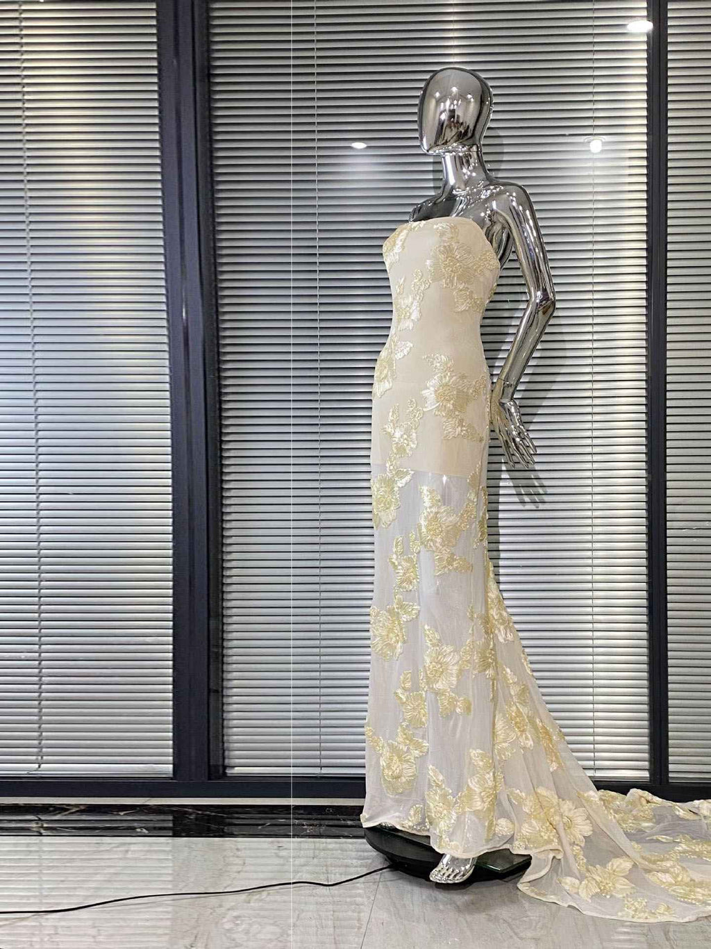 Strapless Floral Lace Appliqué Tulle Mermaid Gown with Train