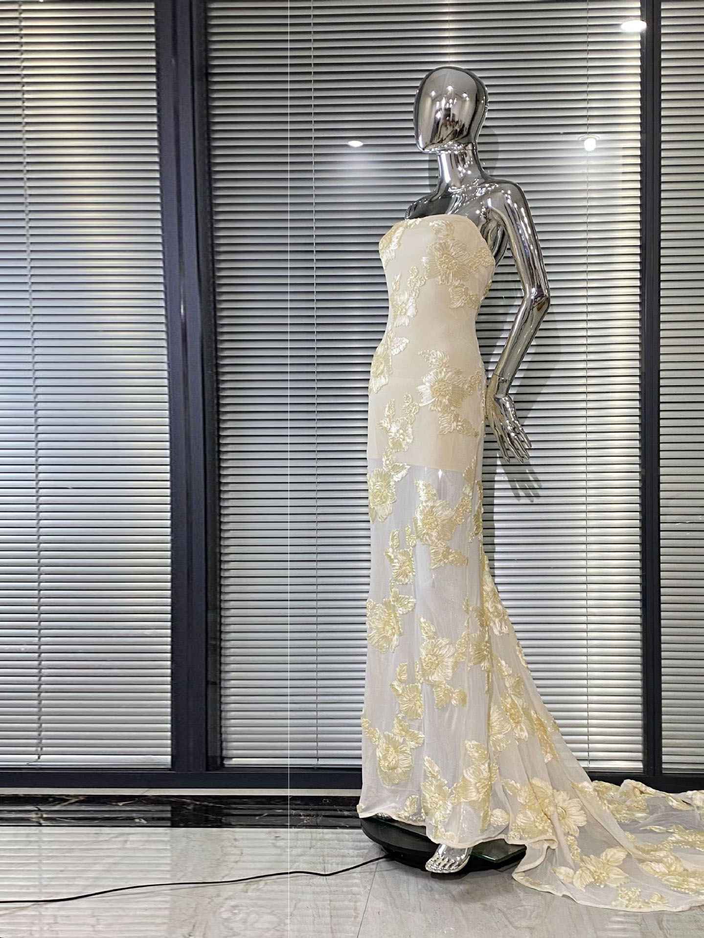 Strapless Floral Lace Appliqué Tulle Mermaid Gown with Train
