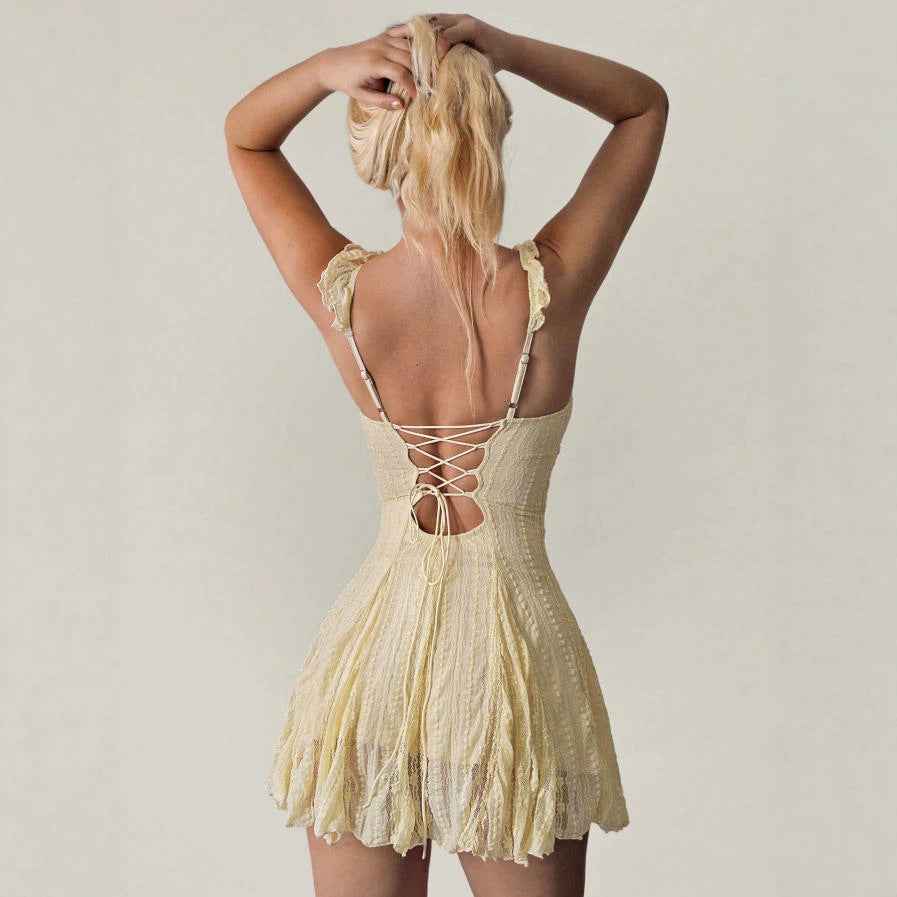 Apricot Lace Patchwork Summer A-Line Dress