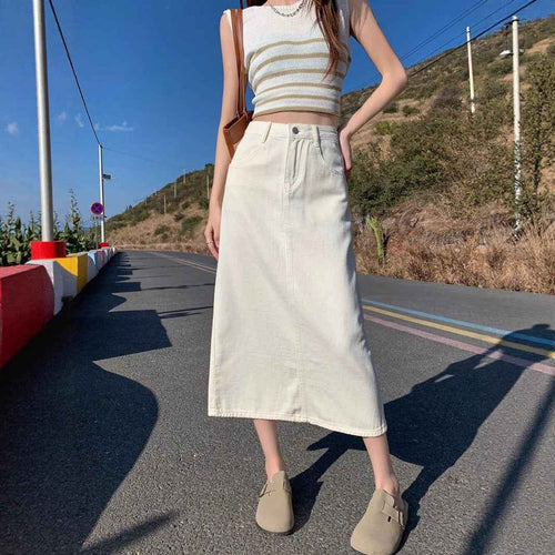 Beige Denim A-Line Midi Skirt