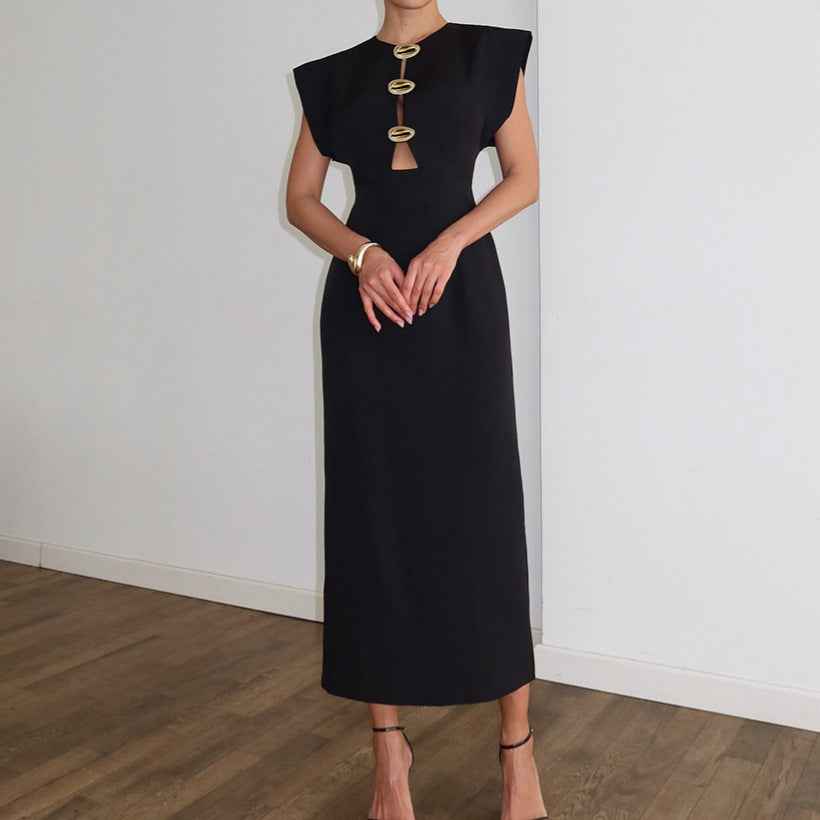 Women's Black Sleeveless Cutout Maxi Dress — Metal Button & High Waist
