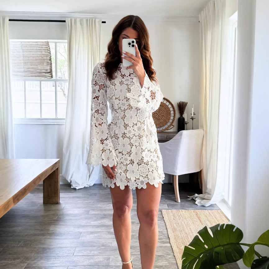 Crochet Lace Floral Double-Layer Round-Neck Long-Sleeve Hollow-Out Midi Dress