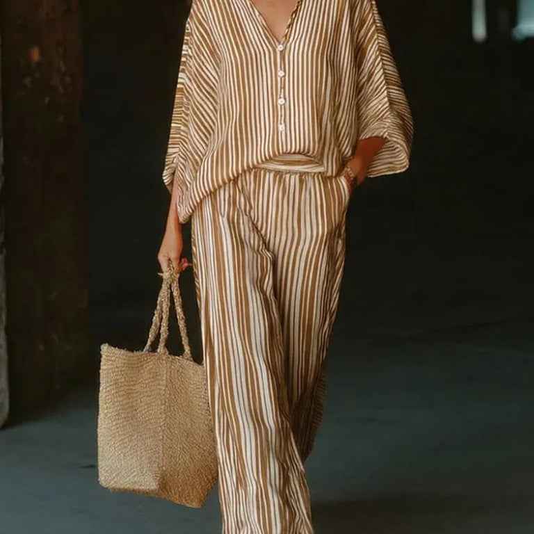 V-Neck Buttoned Cardigan & Full-Length Pants Set — Striped Two-Piece