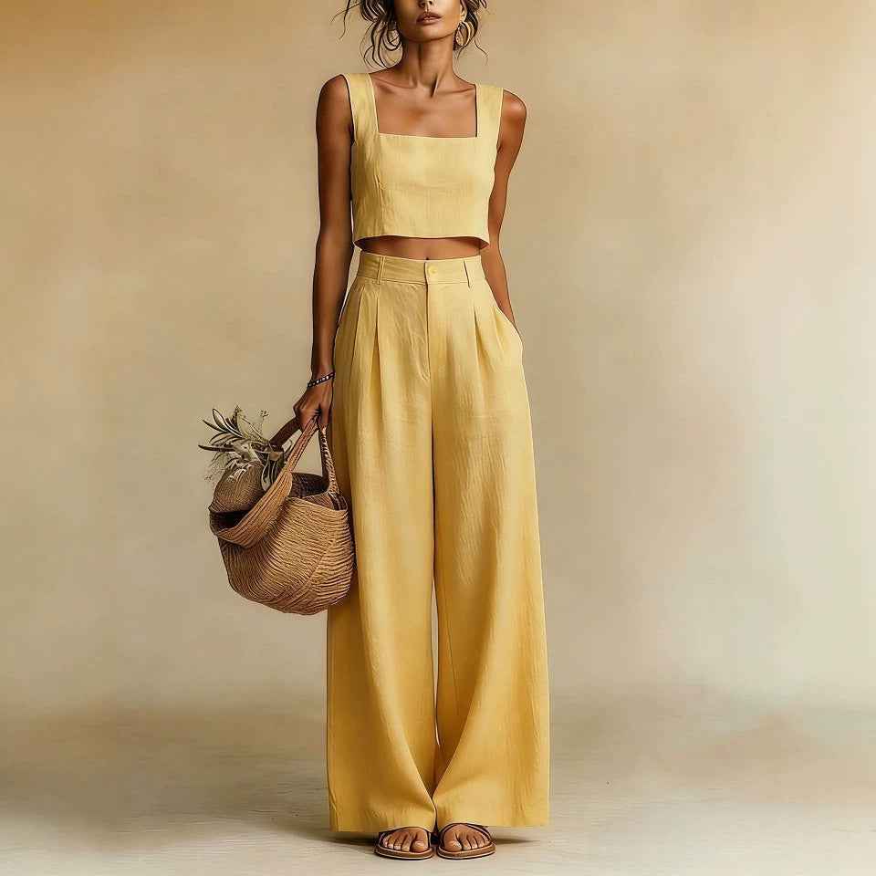 Square-Neck Vest & Wide-Leg Trousers Set – Minimalist Two-Piece