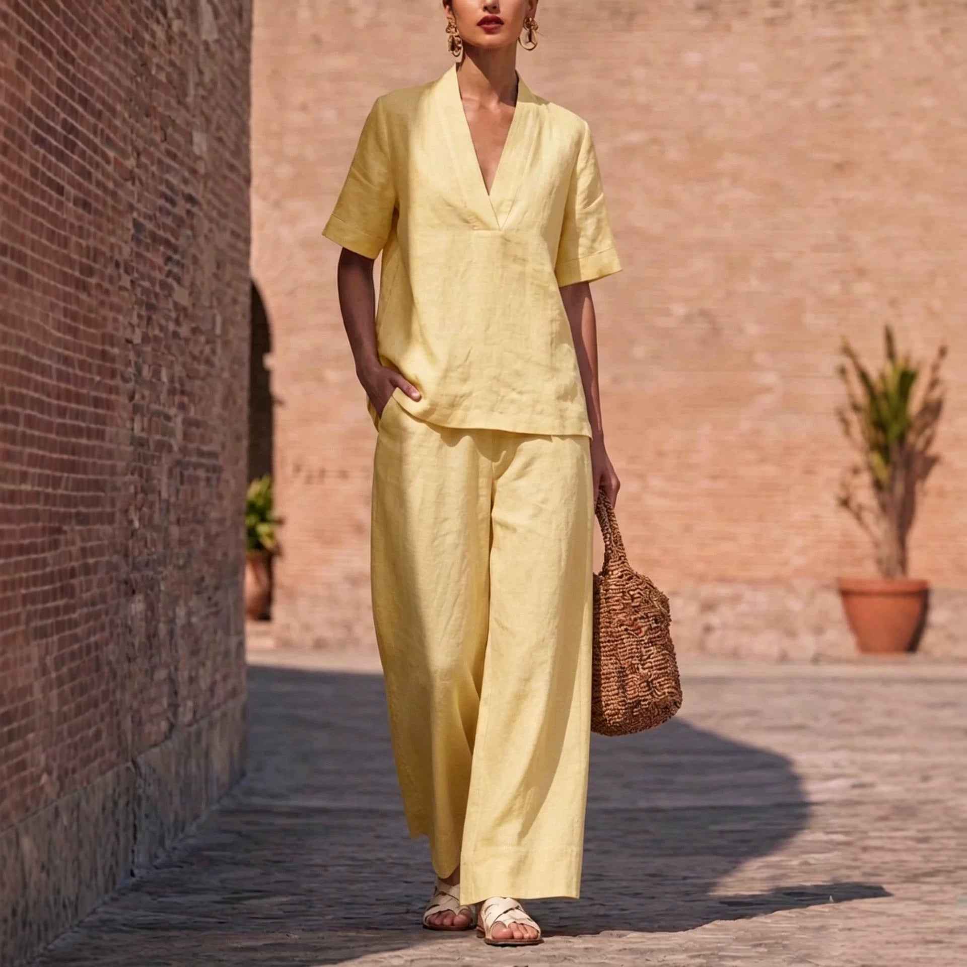 Women's V-Neck Top & Trousers Set — 6 Colours, S–2XL