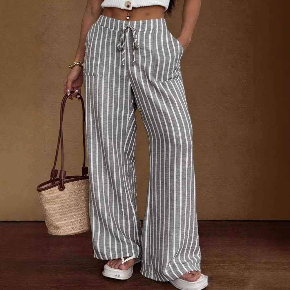 Striped Loose Wide-Leg Trousers with Elastic Waist