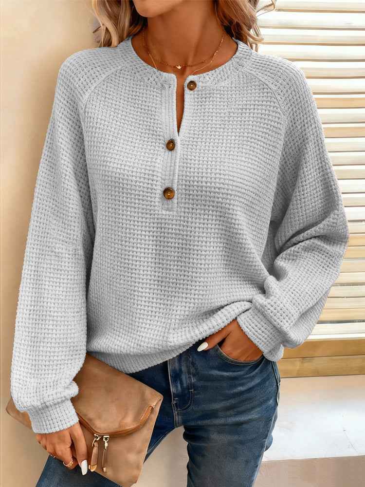 Waffle Knit Henley Top | Raglan Long Sleeve Loose Fit