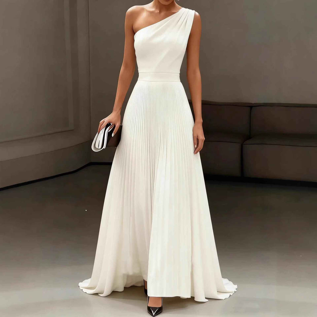 Women's Asymmetric One-Shoulder Pleated Maxi Gown — White