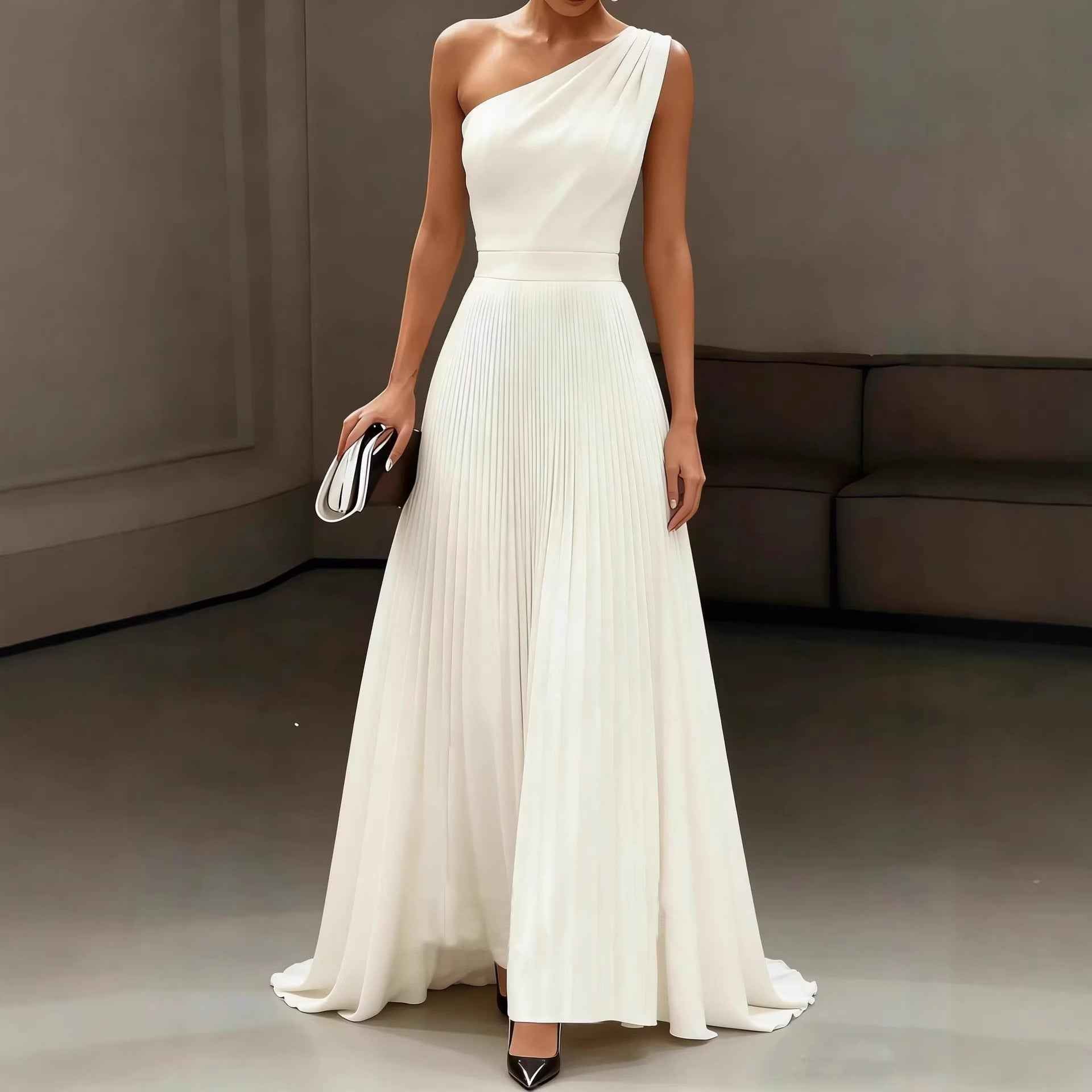 Women's Asymmetric One-Shoulder Pleated Maxi Gown — White