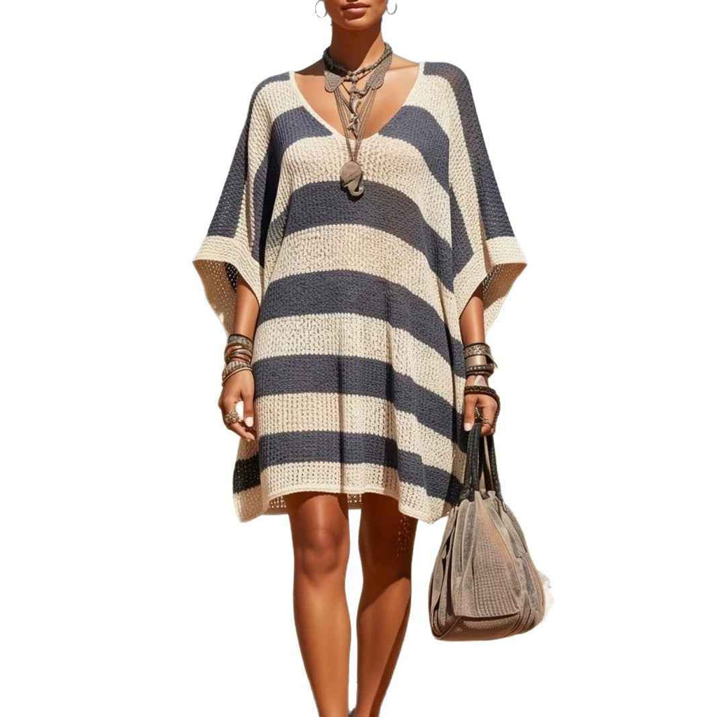 V-Neck Puff Sleeve Colour-Block Knit Sweater – Plus Size