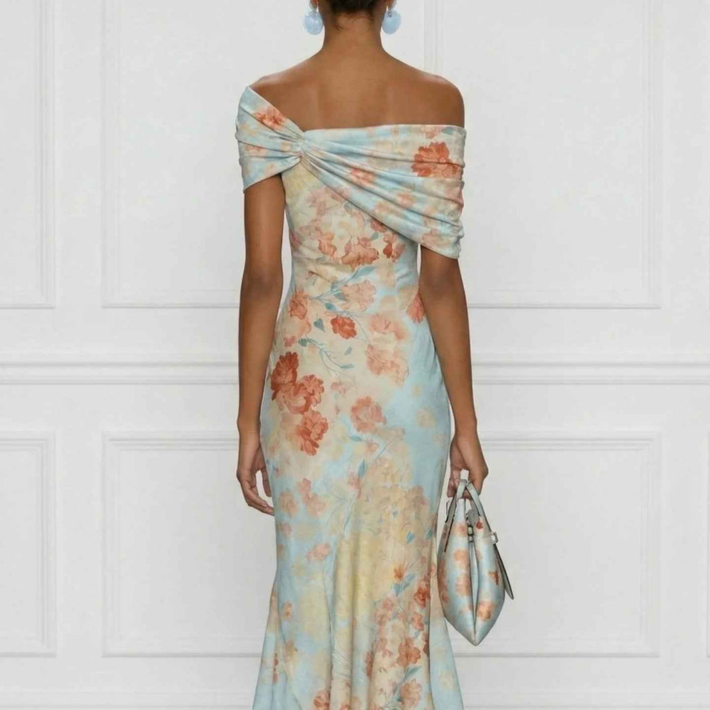 Colour-Block Digital Floral Print Asymmetric Hem High-Waist Floor-Length Dress
