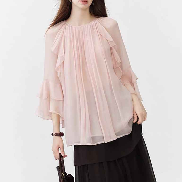 Womens Rayon Long-Sleeve Top With Lace Ruffle Trim
