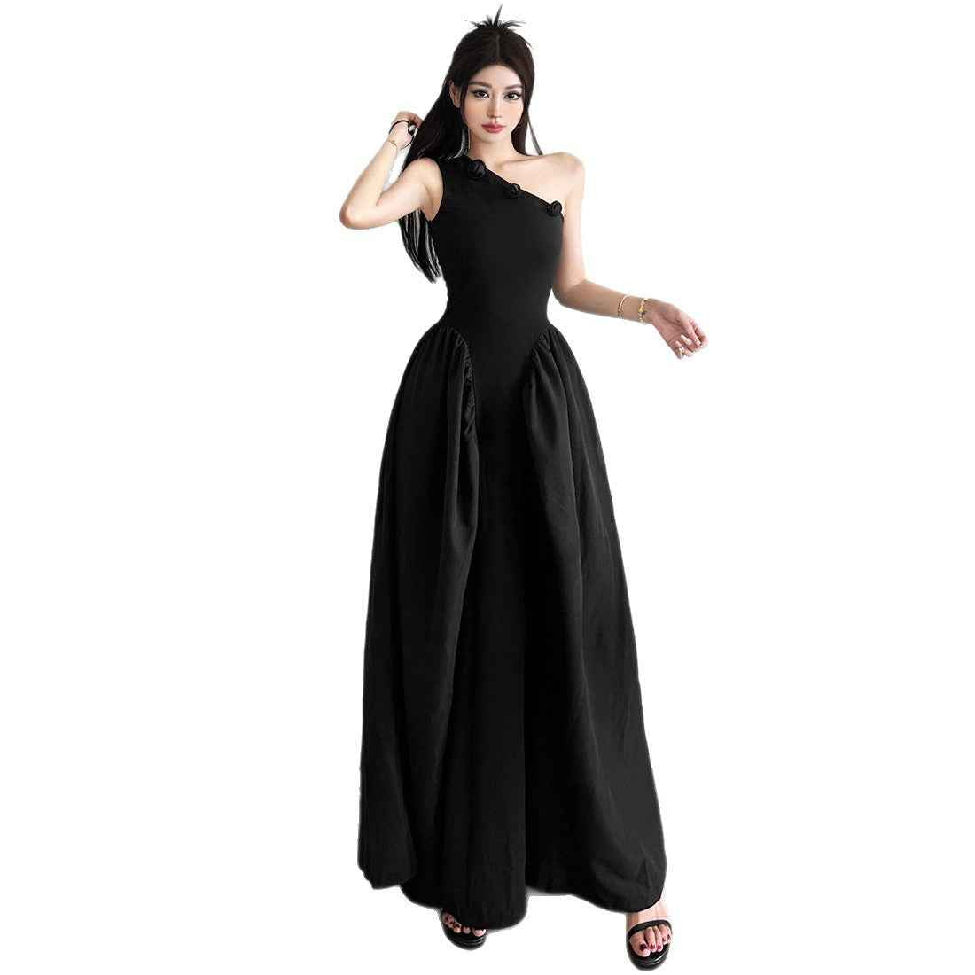 Patchwork A-Line Maxi Dress — High Waist, Sleeveless Strap, Minimalist