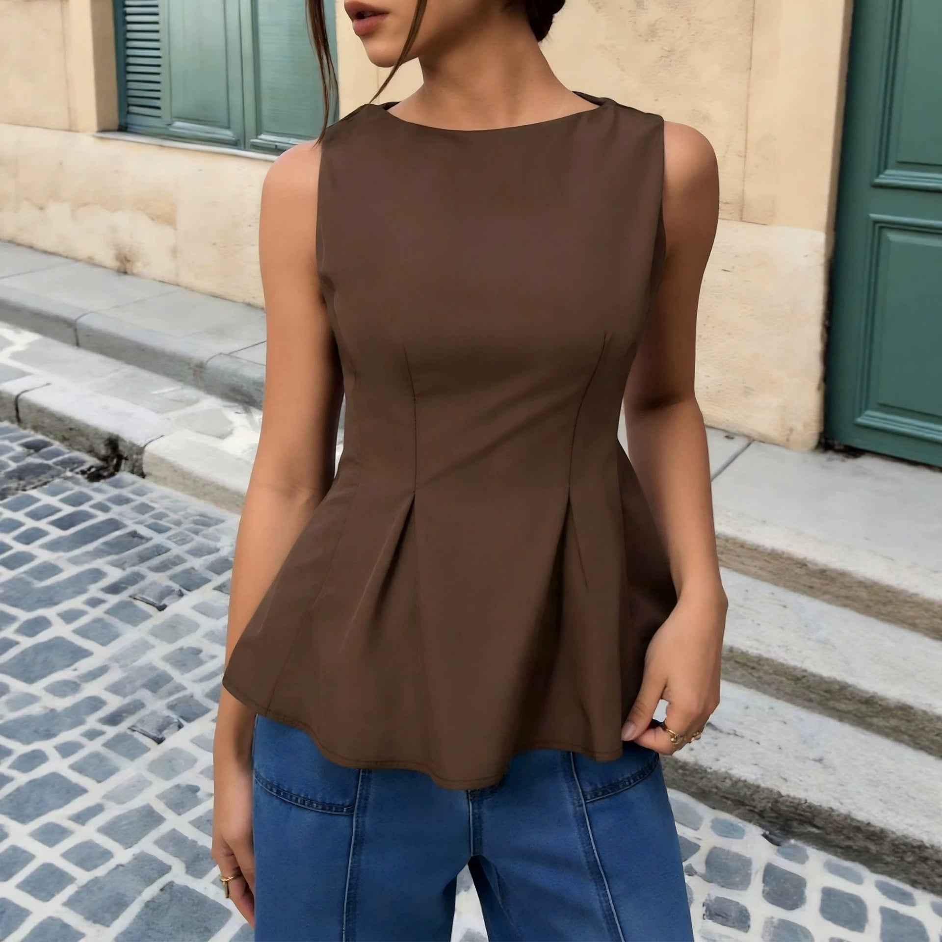 A-Line Ruffled Hem Sleeveless Top – Waist-Cinching