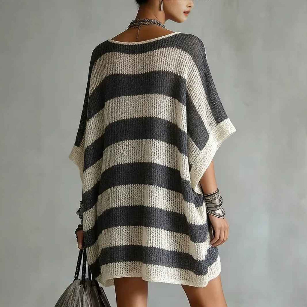 V-Neck Puff Sleeve Colour-Block Knit Sweater – Plus Size