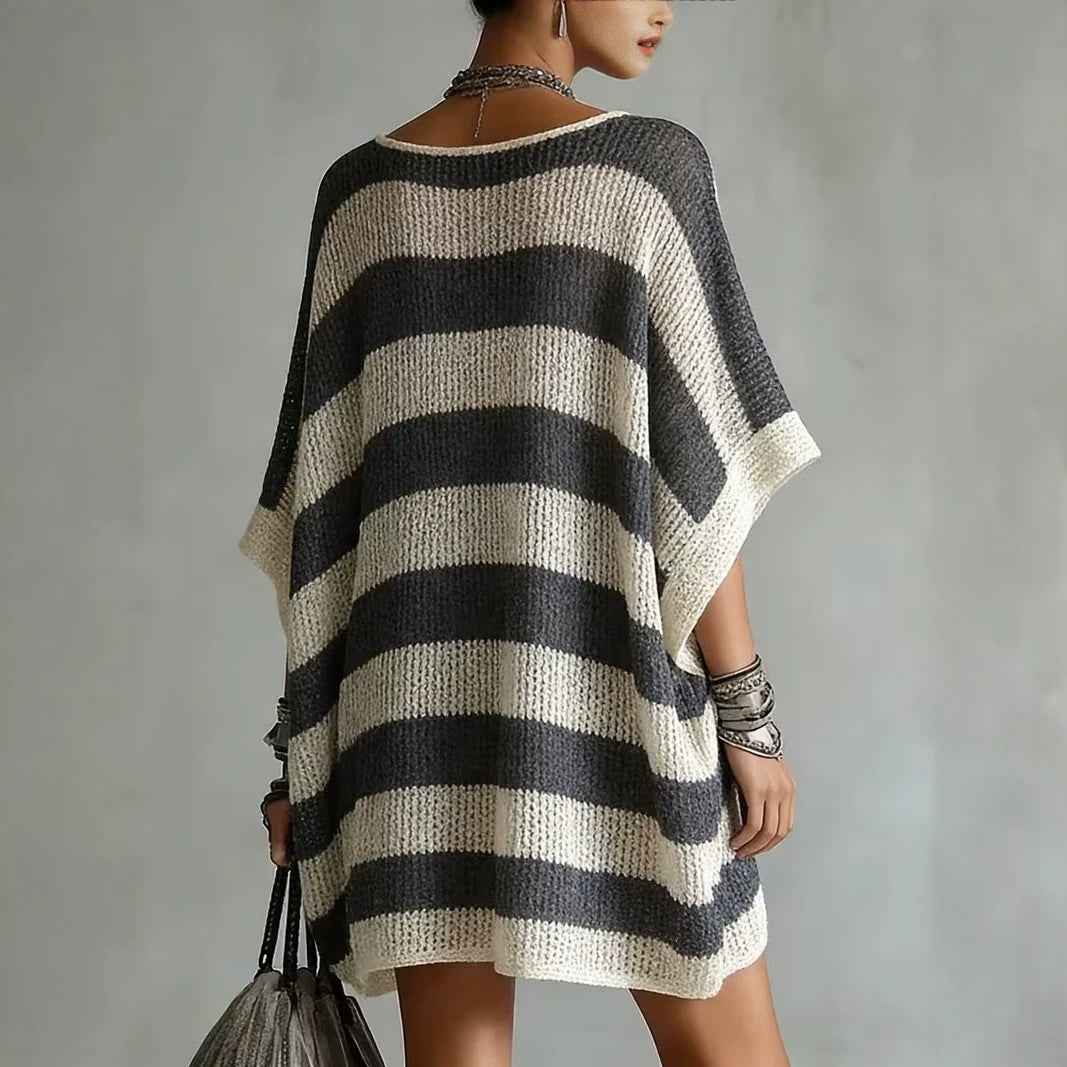 V-Neck Puff Sleeve Colour-Block Knit Sweater – Plus Size