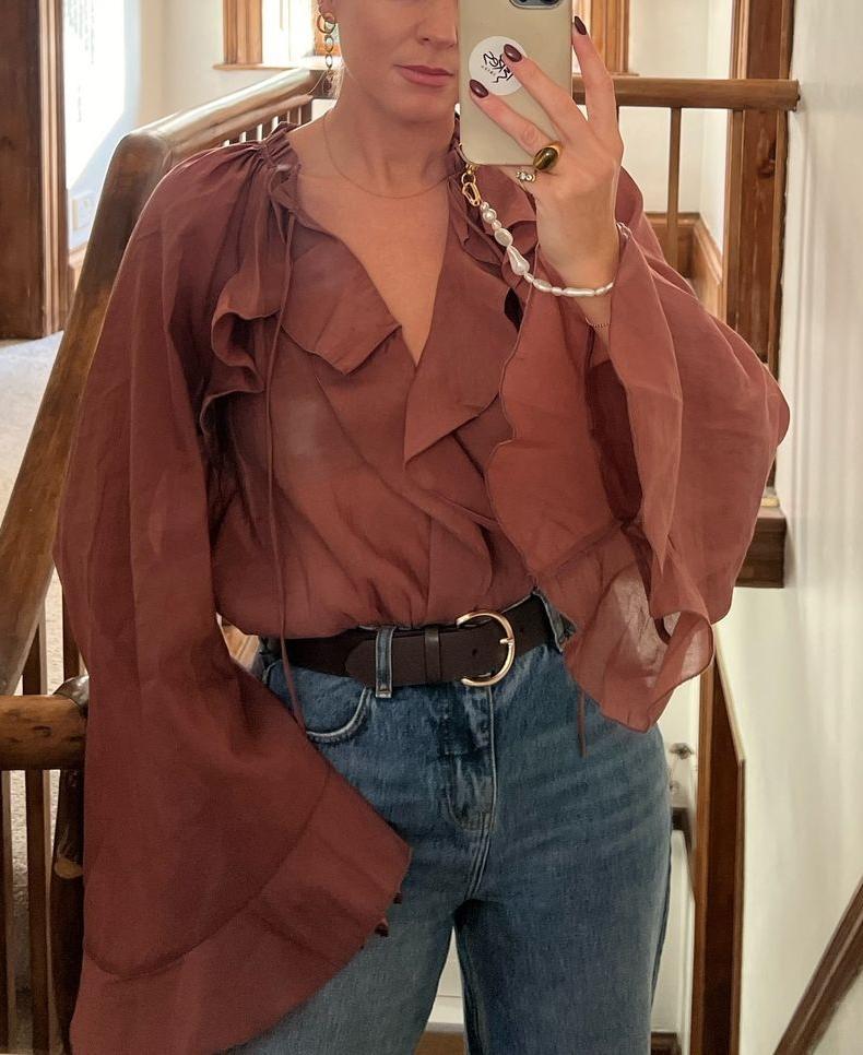 Lace-Up Flared Sleeve Pullover Blouse