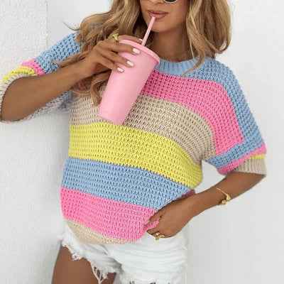 Womens Rainbow-Striped Knitted Short-Sleeve Top