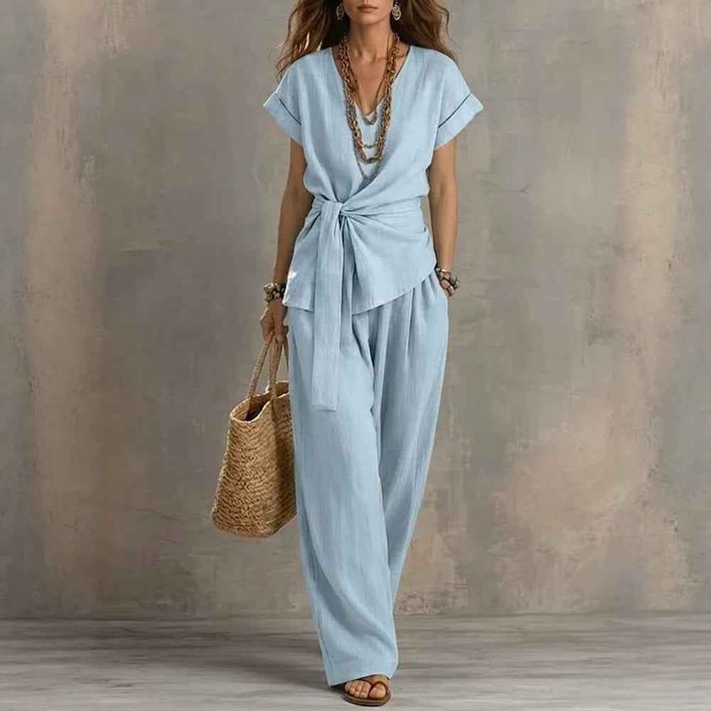 Women's 3/4 Sleeve Cotton-Blend Top & Long Pants Co-Ord Set — 4 Colours